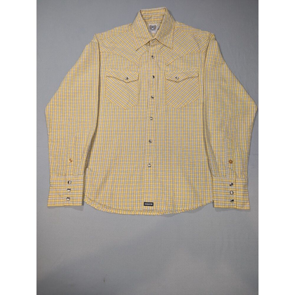 Cinch Womens Small Western Pearl Snap Shirt Yellow Plaid Metallic Gold Rodeo
